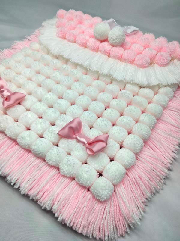Stunning Luxury Pink & White Pom Pom Blanket For Prams And Car Seats 